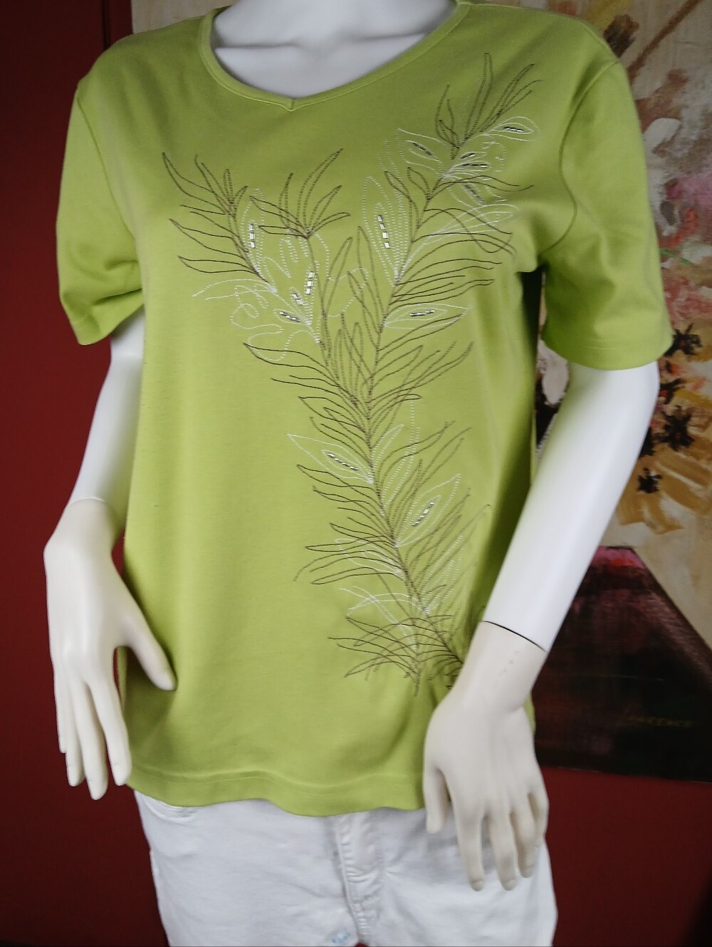 Southern Lady Lime Green Short Sleeve Top with Leaf Motif